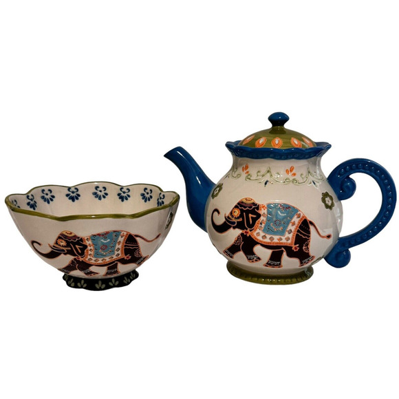 Dutch Wax Anthropologie Ceramic Teapot Floral Elephant with Soup Bowl Embossed - Picture 1 of 12